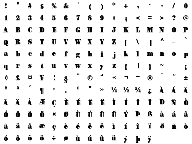 CenturyBlackCondSSK Regular  glyph index