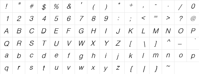 Bern Oblique Lite Regular  glyph index