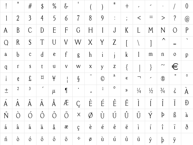 RoryThin Normal  glyph index