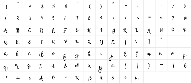 Bella Marwa Regular  glyph index
