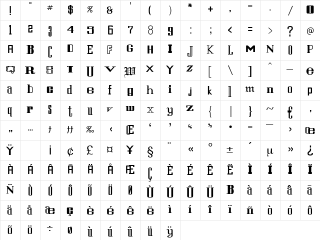 Warehouse Regular  glyph index