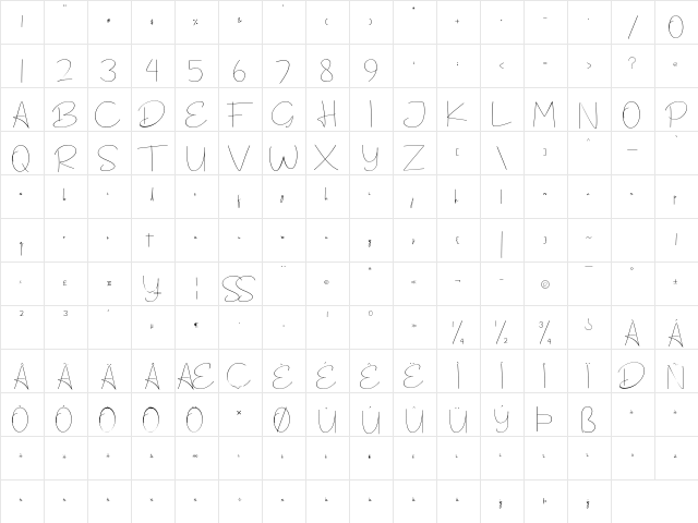 Dalmantina Regular  glyph index