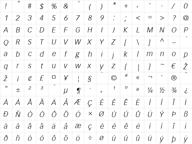 Vectora LT Light Italic  glyph index