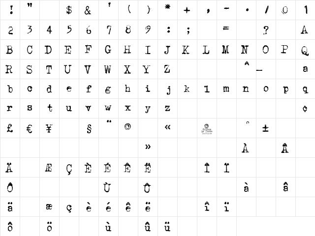 Underwood1913 Normal  glyph index