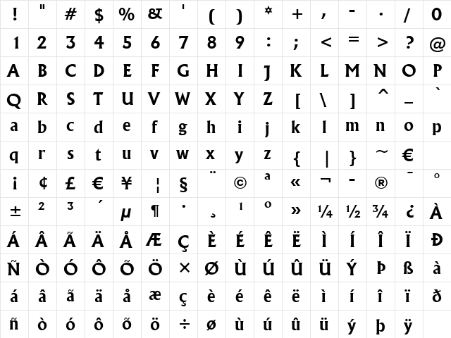 Flareserif821 Lt BT Bold  glyph index