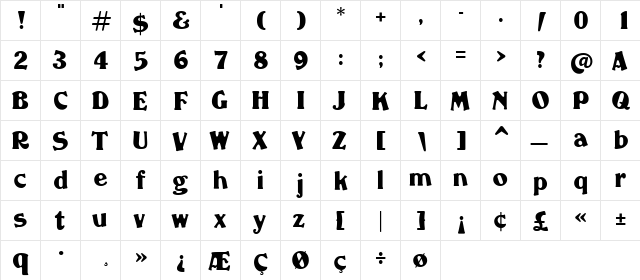 Fancy Regular  glyph index