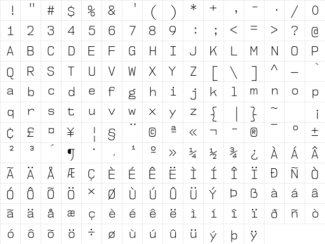 NK57 Monospace Semi-Condensed Light  glyph index