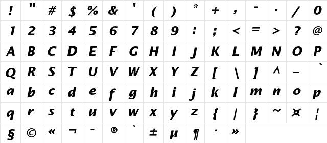 OfficeTypeSans Bold Italic  glyph index