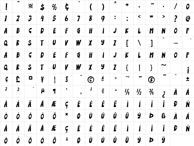 Bourney Jacker Regular  glyph index