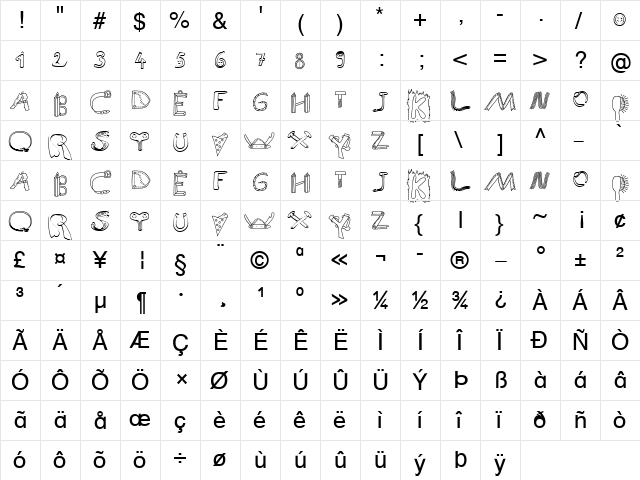 Initial9 Becker Normal  glyph index