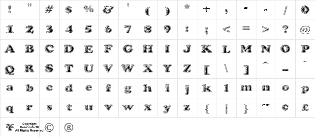 Battered Cooper Regular  glyph index