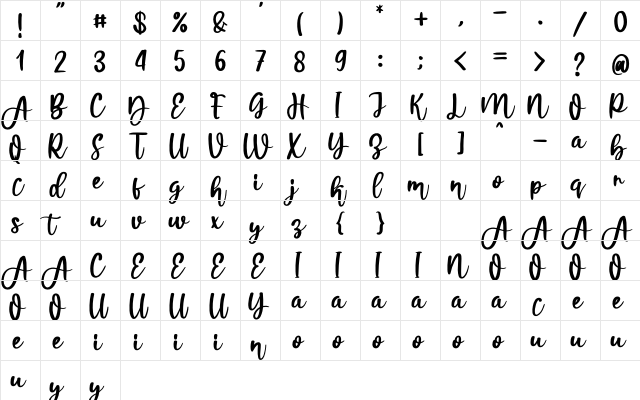 Amekanu Regular  glyph index