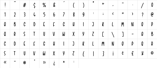 BODYNOTE Regular  glyph index