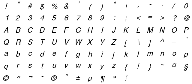 HelgaC Italic  glyph index
