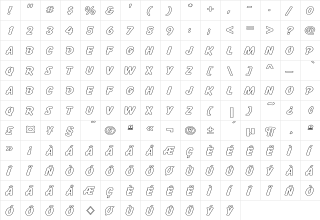 Alameda Hollow Wide Regular  glyph index
