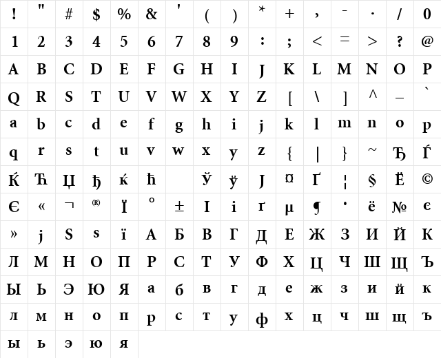 Minion Cyrillic Bold  glyph index