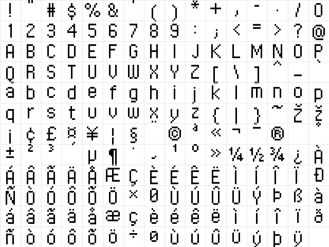 FFF Executive Extended Regular  glyph index