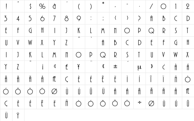 Bellevue Regular  glyph index