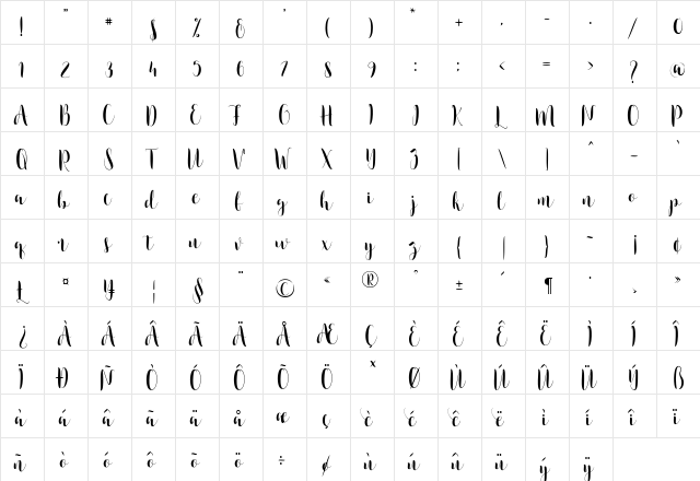 Camsia Regular  glyph index