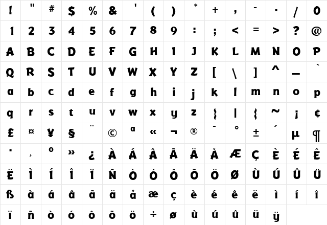 BadgerExtraBold Roman  glyph index