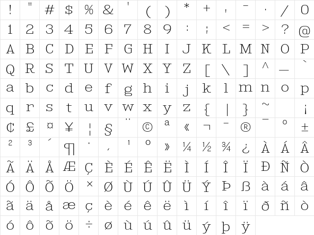 Kingsbridge Expanded ExtraLight  glyph index