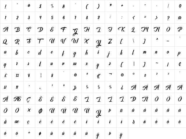 Auntekhno Script Free Regular  glyph index