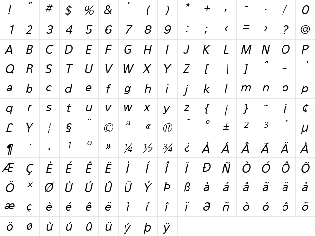 Eau Sans Book Lining Oblique  glyph index