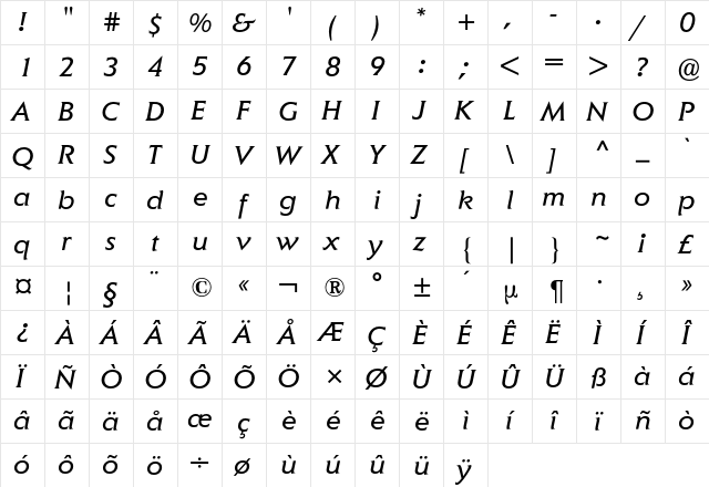 Elan BQ Regular  glyph index