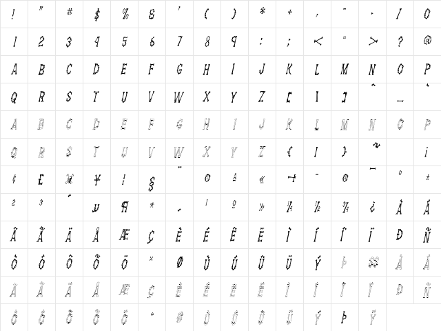 DemBonesCondensed Italic  glyph index