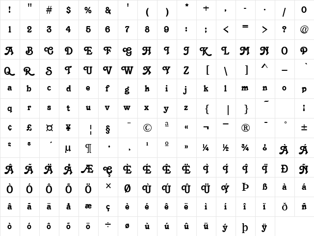 Tambourine Regular  glyph index