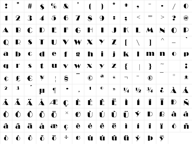 Broadway-Stencil Regular  glyph index