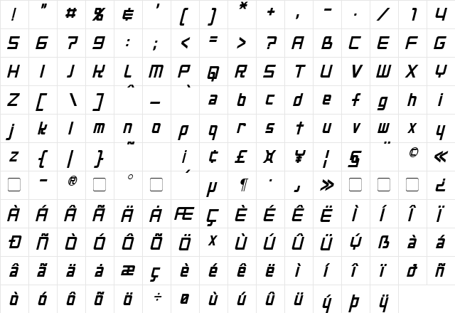 Neo Gen Italic  glyph index