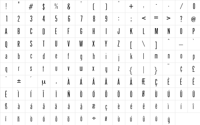 Arizona Regular  glyph index