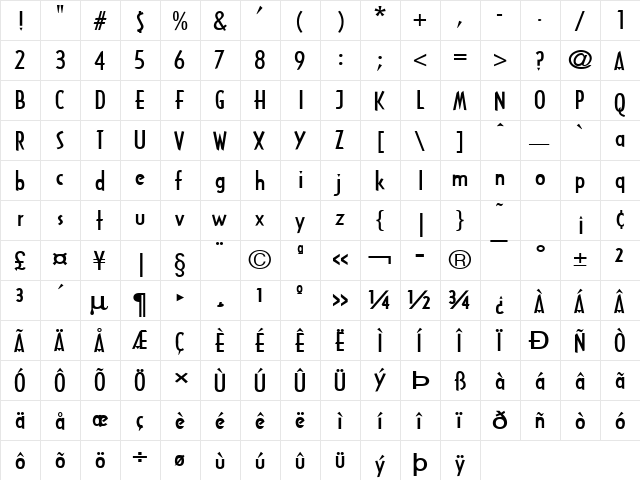 Tech-Wide Bold  glyph index