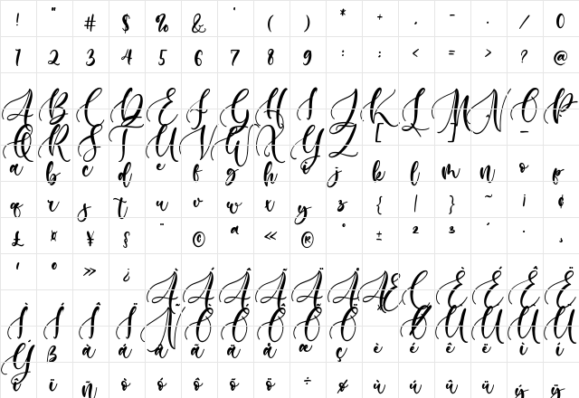 Hillary - Beauty and Lovely Fon Regular  glyph index