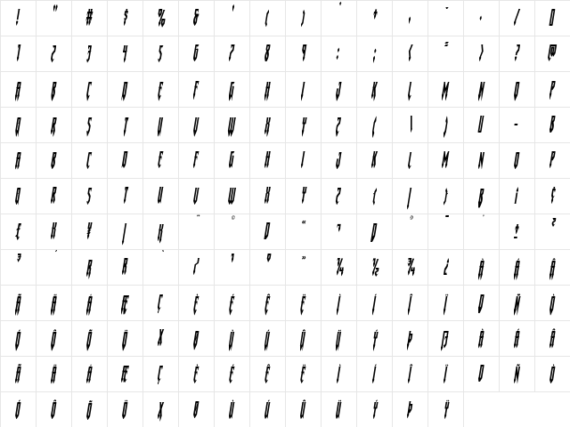 Gotharctica Condensed Italic Condensed Italic  glyph index