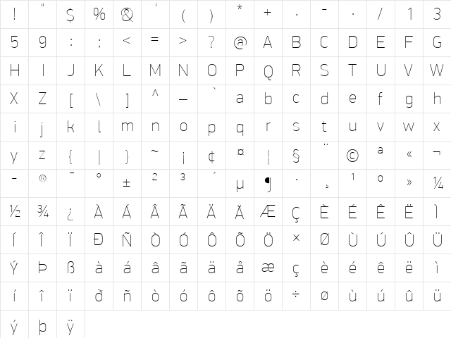 PF DinDisplay Pro ExtraThin  glyph index