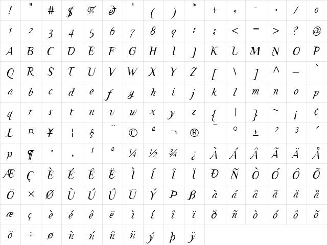 TemaCantante Regular  glyph index