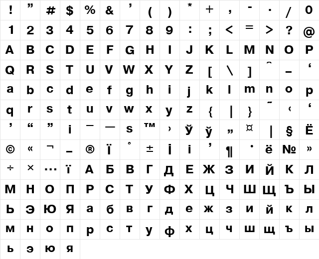 Pragmatica Bold  glyph index