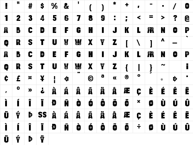 Bulltoad Peace Regular  glyph index