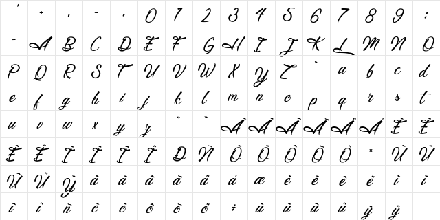 Legendary Hollywood Regular  glyph index