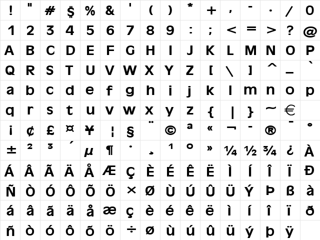 Antiqua101Wide Bold  glyph index