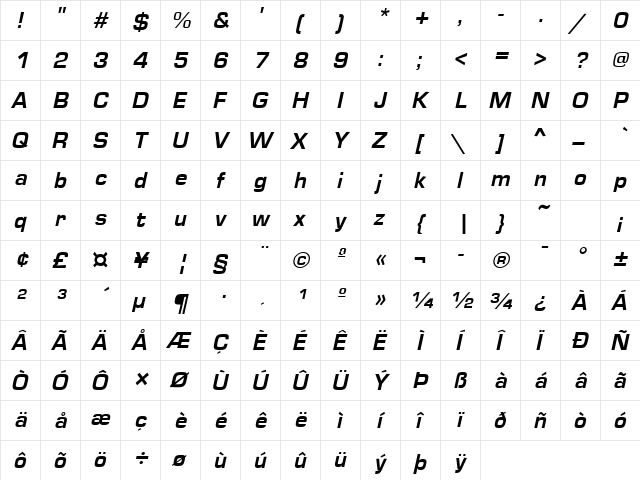 MicroSquare Bold Italic  glyph index