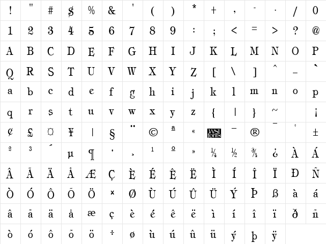 TimbrelCondensed Regular  glyph index