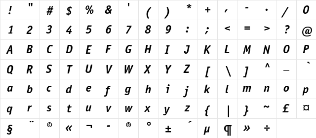 OfficinaSansBoldC Italic  glyph index