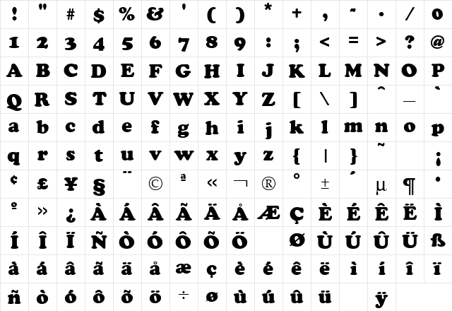 Cooper Regular  glyph index