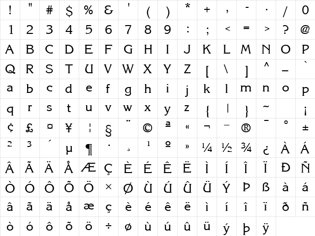 Kane Regular  glyph index