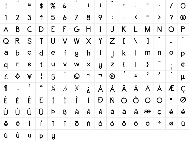 Greenfield Regular  glyph index