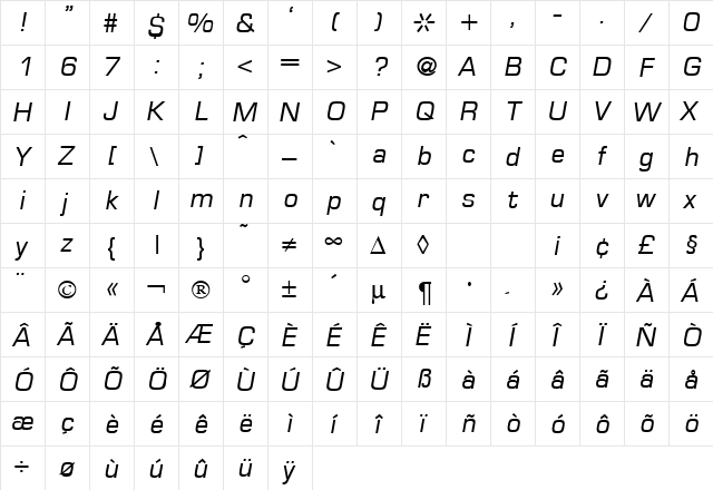 Eurasia RegularItalic  glyph index