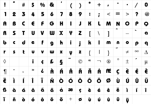 RoundHouseHeavy Regular  glyph index